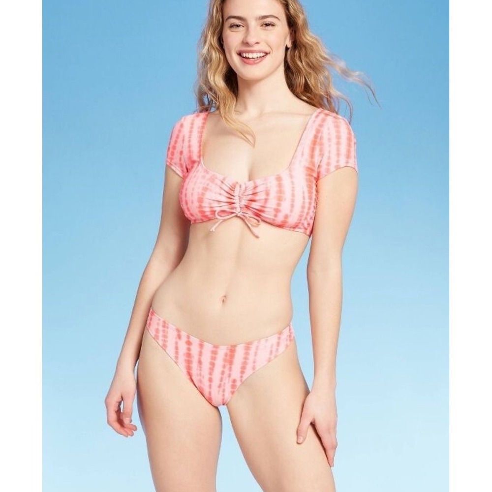 Xhilaration Cinched Cap Sleeve Crop‎ 2pc Bikini Swimsuit Coral Tie Dye Sz L